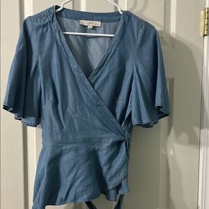 LOFT Blue Flutter Sleeve Wrap Peplum Blouse